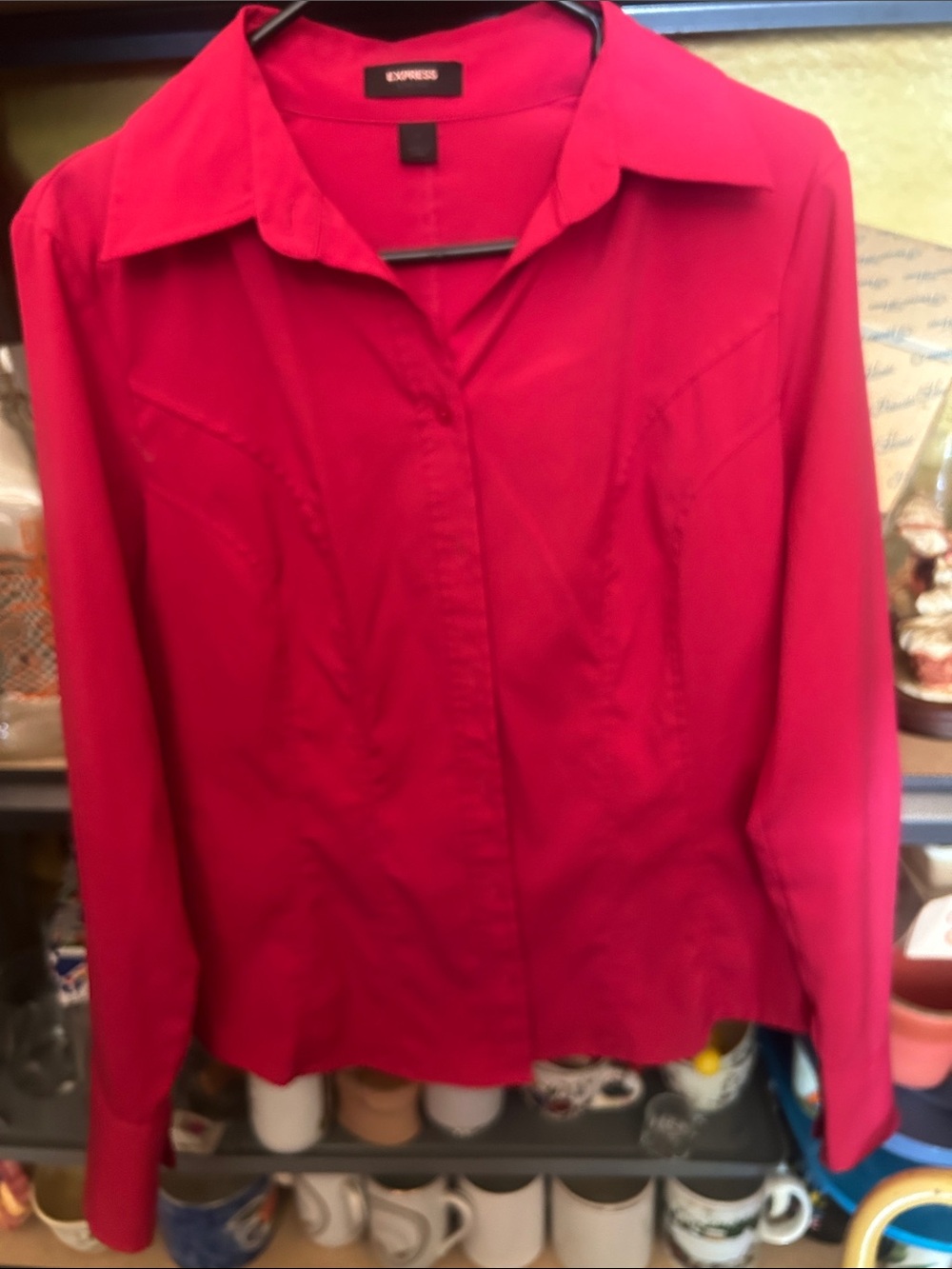 Express stretch Bright Red?  Long-Sleeve Button Front Blouse size 10